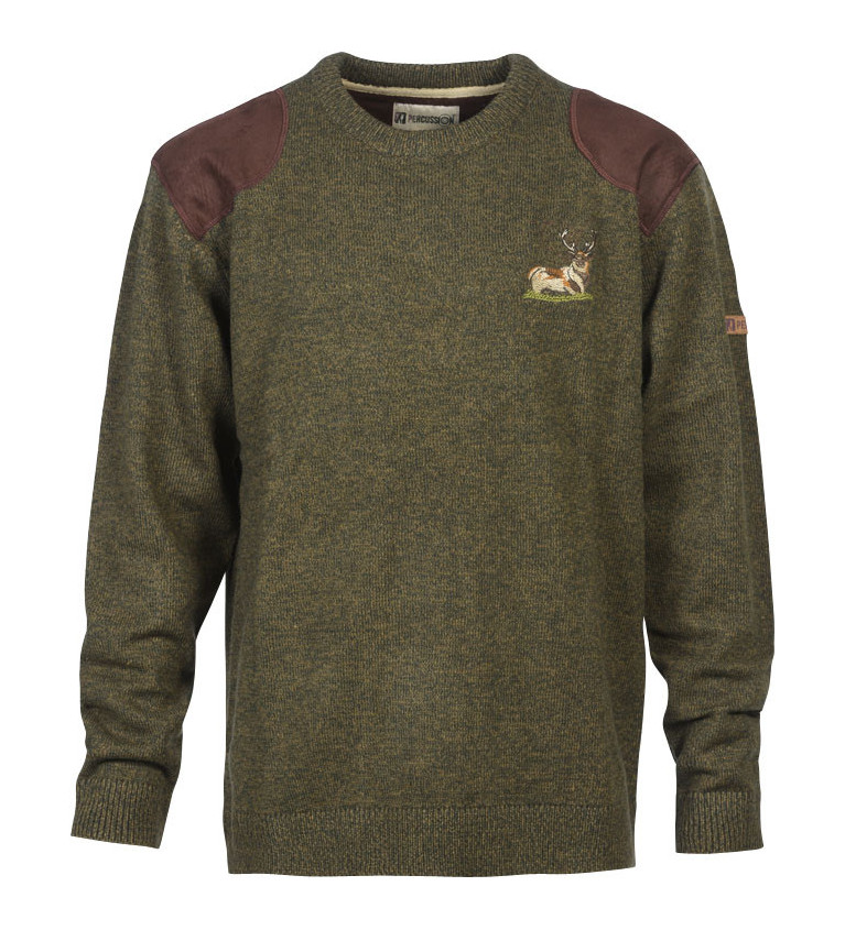 Pull chasse brode col rond