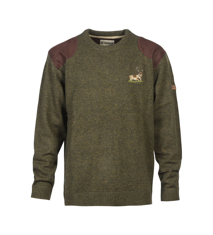 Pull chasse brode col rond