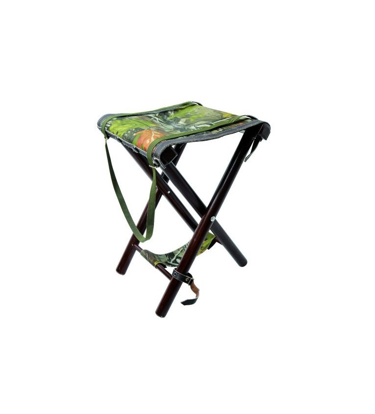 Siège beauvoir 55 cm, pieds bois, assise tissu camo sous-bois, avec bretelle 