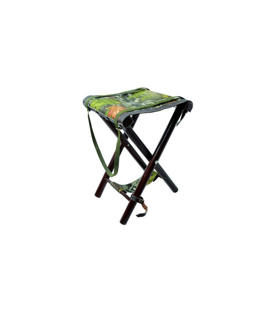 Siège beauvoir 55 cm, pieds bois, assise tissu camo sous-bois, avec bretelle 