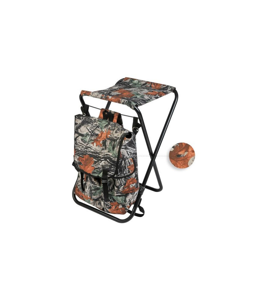 Siège bruyère 60 cm, pieds métal, avec sac à dos 25 litres, tissu camo sous-bois 