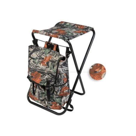 Siège bruyère 60 cm, pieds métal, avec sac à dos 25 litres, tissu camo sous-bois 