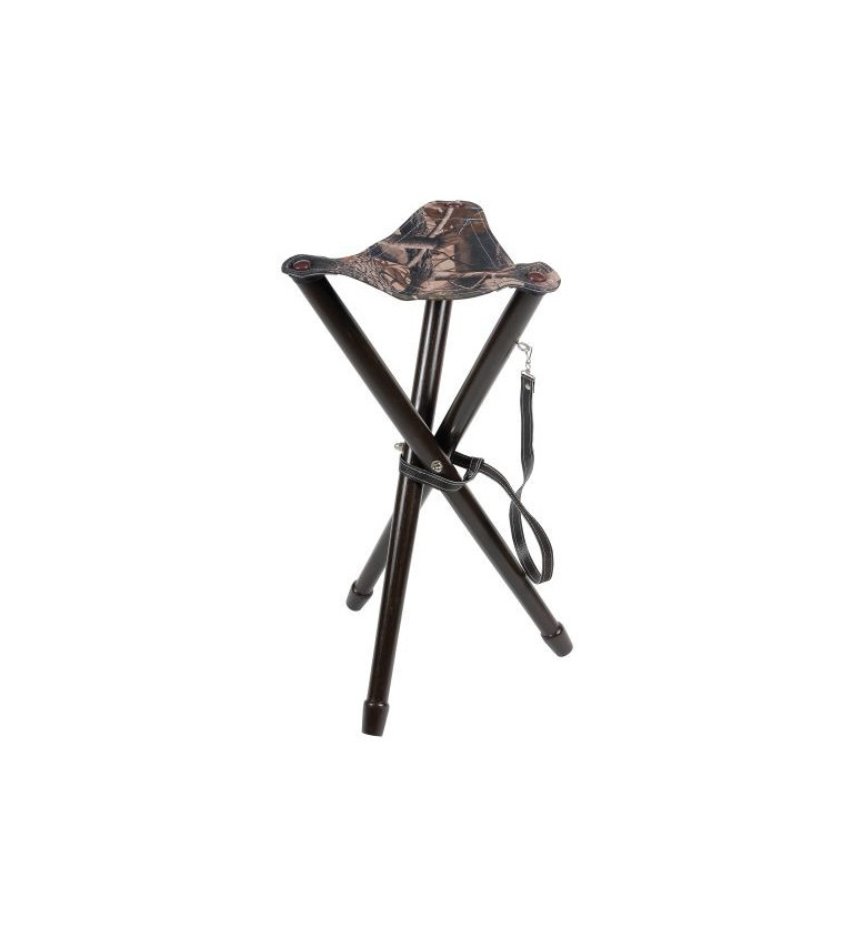 Trépied anzieux 65 cm, pieds bois, assise tissu camo sous-bois, avec bretelle 