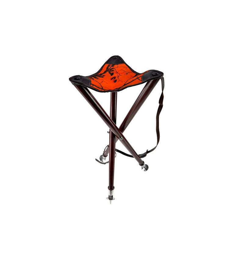 Trepied arcy 70cm, pieds bois, assise cuir et tissu orange camo, bretelle + pic 