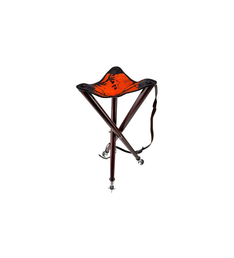 Trepied arcy 70cm, pieds bois, assise cuir et tissu orange camo, bretelle + pic 