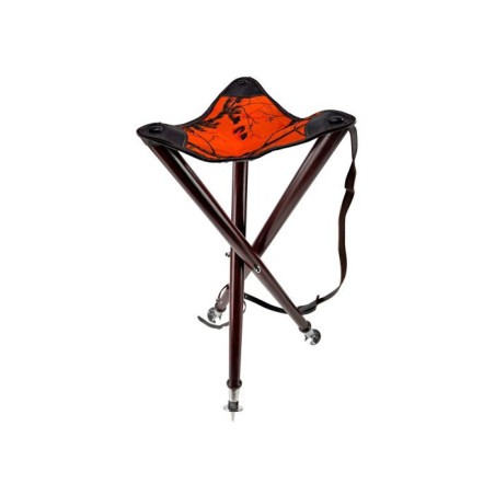 Trepied arcy 70cm, pieds bois, assise cuir et tissu orange camo, bretelle + pic 