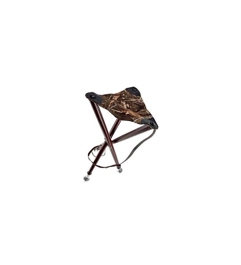 Trepied ardenna 65cm, pieds bois, assise cuir et camo roseaux bretelle + pic 