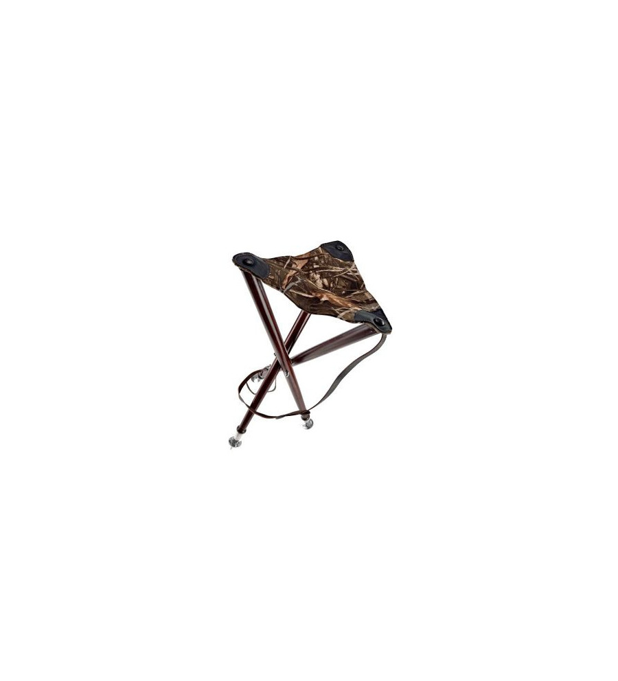 Trepied ardenna 65cm, pieds bois, assise cuir et camo roseaux bretelle + pic 