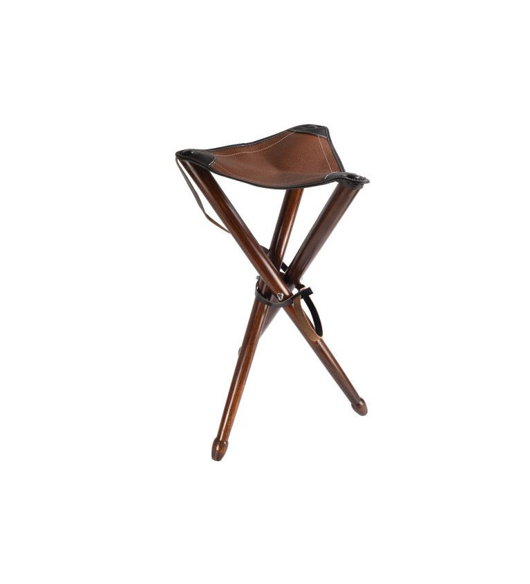 Trépied ayaudes 65 cm, pieds bois, assise cuir marron, avec bretelle 