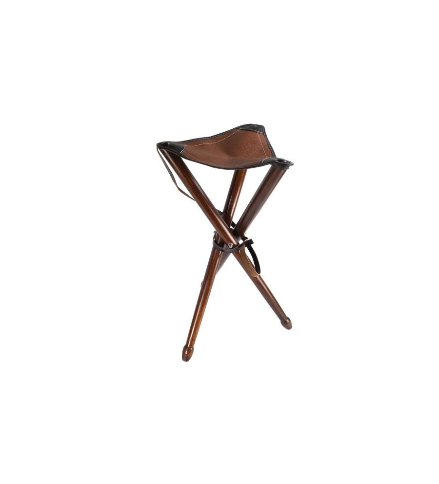 Trépied ayaudes 65 cm, pieds bois, assise cuir marron, avec bretelle 