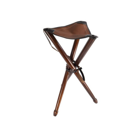 Trépied ayaudes 65 cm, pieds bois, assise cuir marron, avec bretelle 