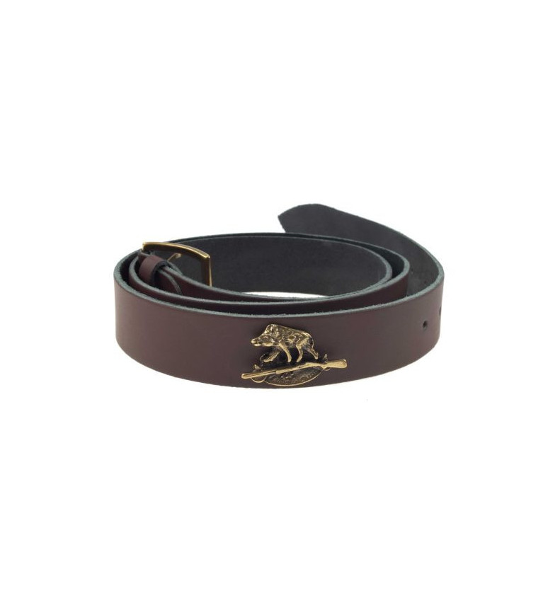 Ceinture cuir marron januel, boucle bronze, 120x3,5cm, logo sanglier, 7 trous, r 