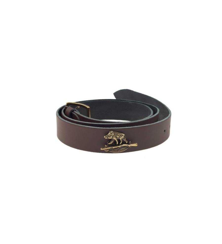 Ceinture cuir marron januel, boucle bronze, 120x3,5cm, logo sanglier, 7 trous, r 