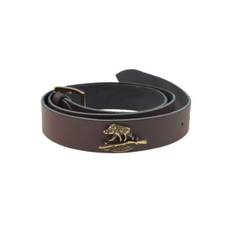 Ceinture cuir marron januel, boucle bronze, 120x3,5cm, logo sanglier, 7 trous, r 