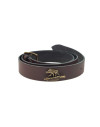 Ceinture cuir marron januel, boucle bronze, 120x3,5cm, logo sanglier, 7 trous, r 