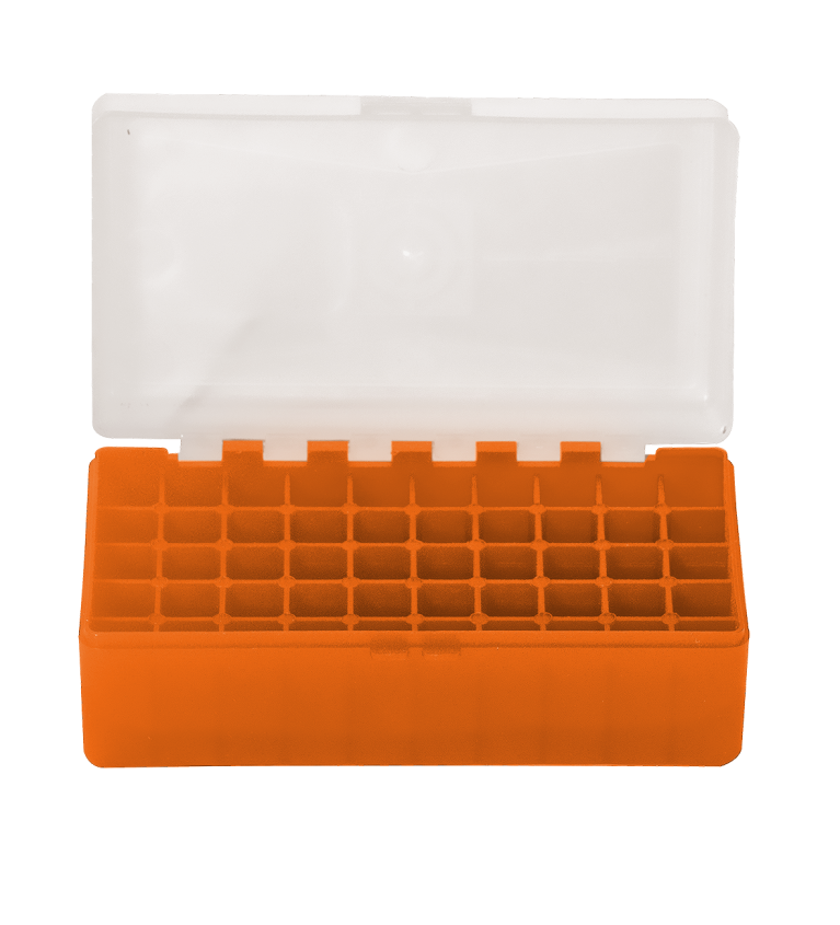 Boite de rangement orange couvercle transparent 50 munitions cal 223 