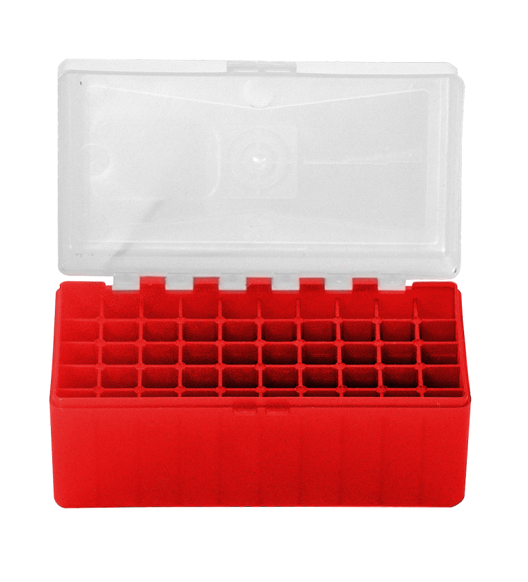 Boite de rangement rouge couvercle transparent 50 munitions cal 357 mag 