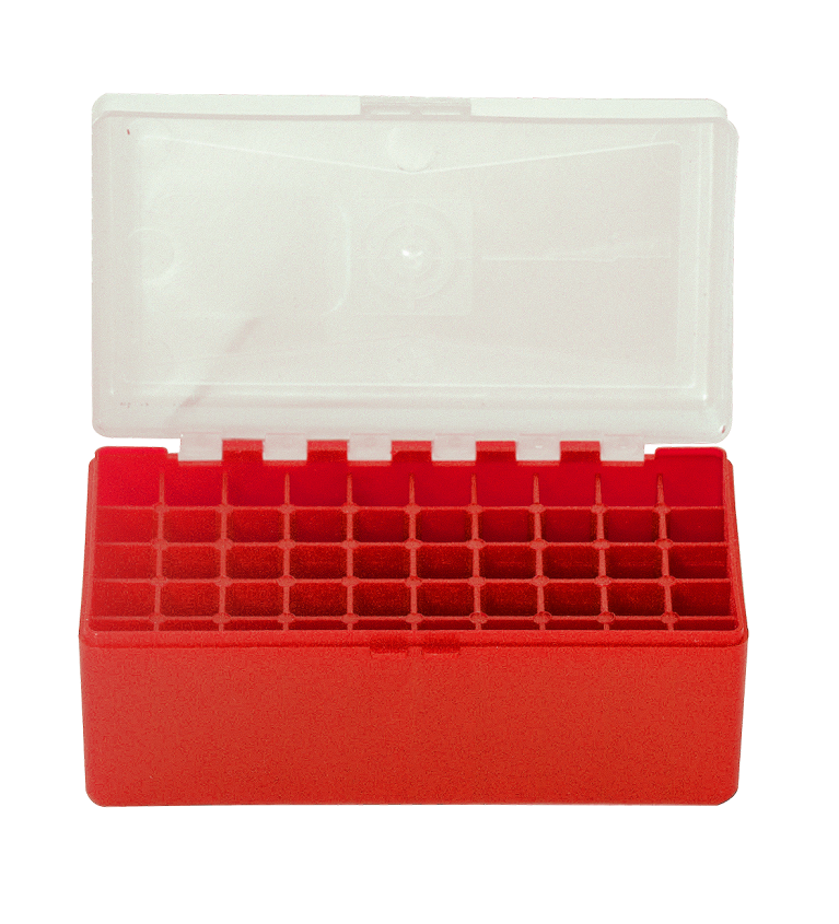 Boite de rangement rouge couvercle transparent 50 munitions cal 45lc/44mag 
